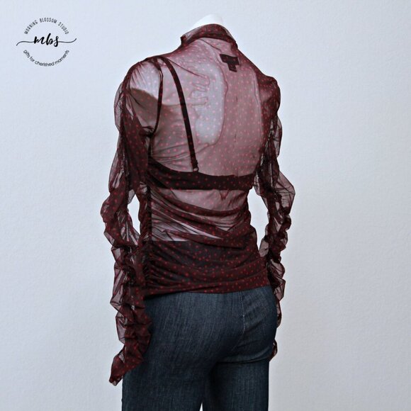 Maeve by Anthropologie Sheer Polka Dots Ruched Sleeve Top Burgundy Pink M - Picture 7 of 12